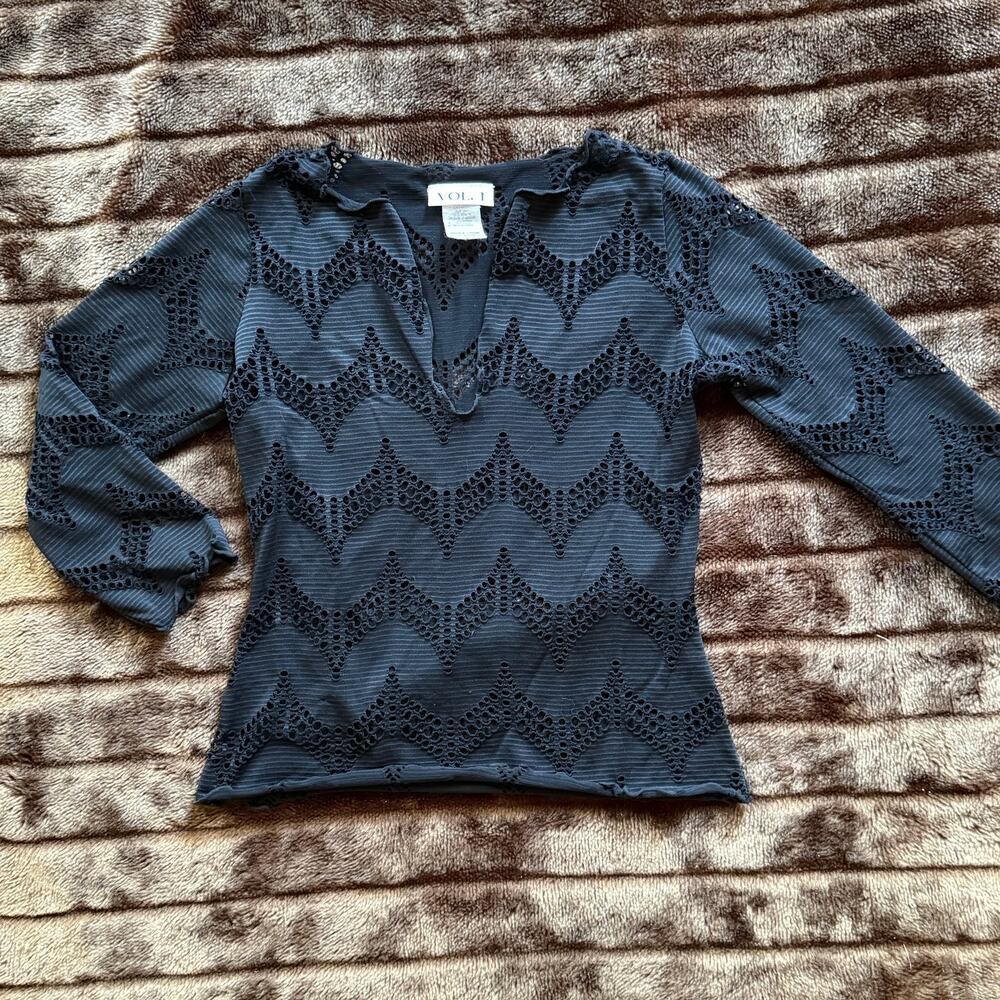 Vol. 1 S Black Stretchy Chevron Pattern Lace Split Neckline 3/4‎ Sleeve Top